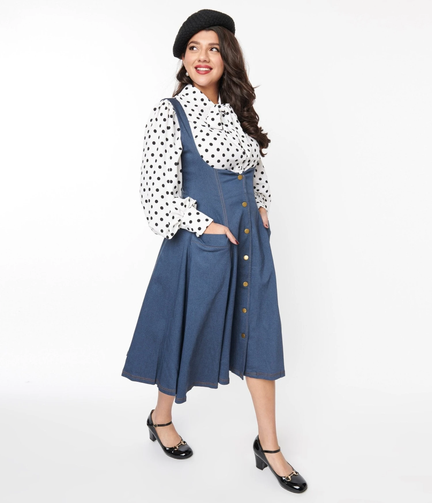 Unique Vintage Blue Denim Button Suspender Swing Skirt - Image 2