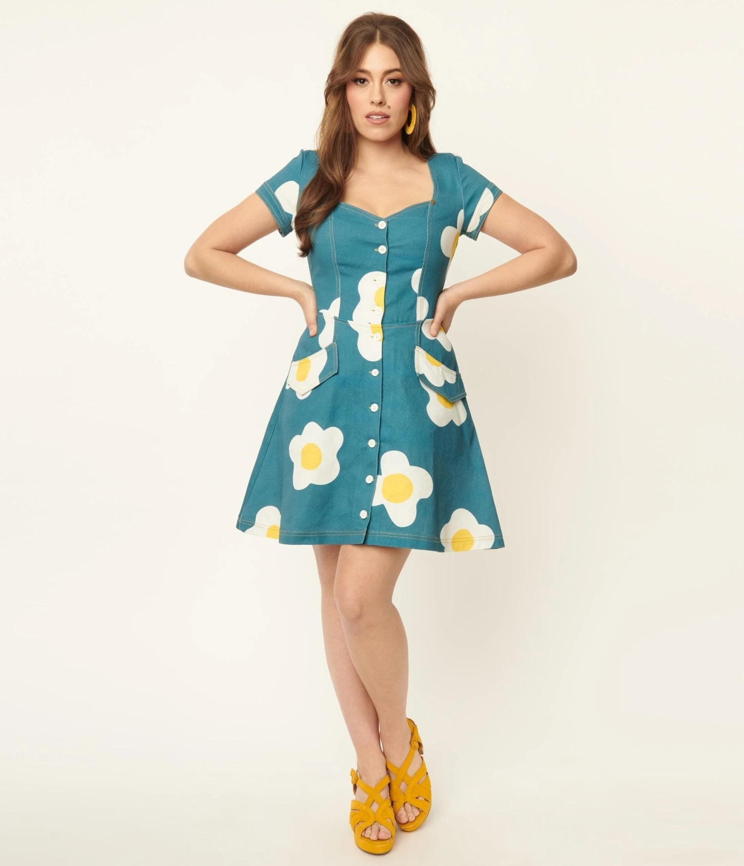 Unique Vintage Blue Denim & Egg Flower Print Fit & Flare Dress - Image 5