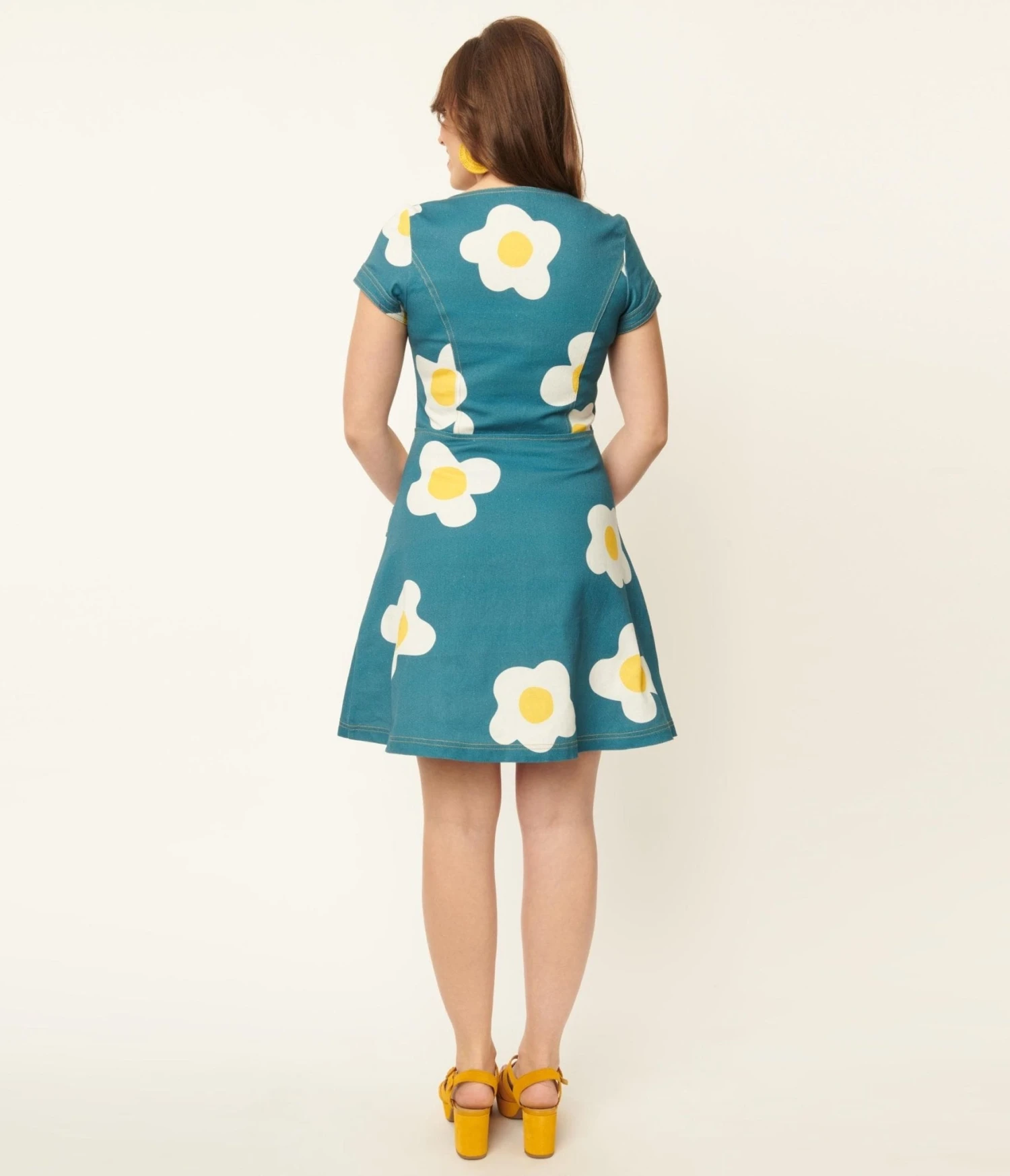 Unique Vintage Blue Denim & Egg Flower Print Fit & Flare Dress - Image 3