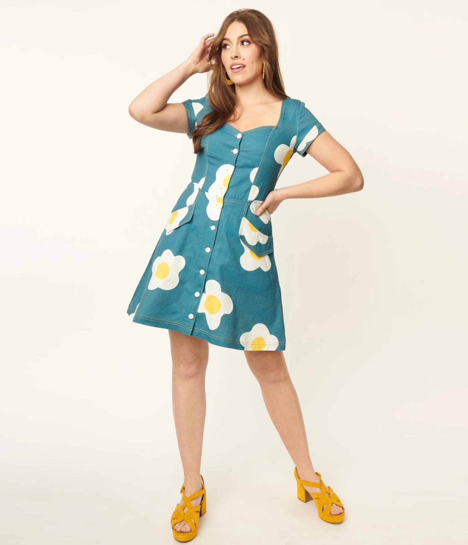Unique Vintage Blue Denim & Egg Flower Print Fit & Flare Dress