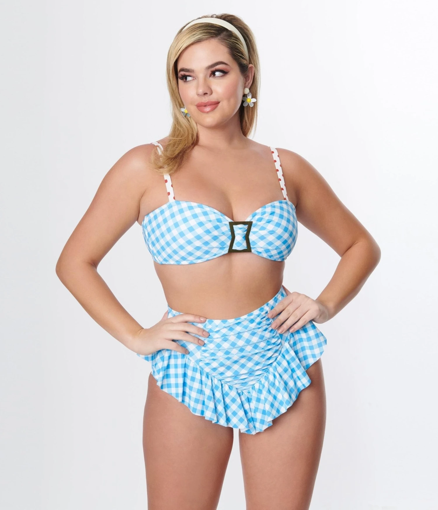 Unique Vintage Blue Gingham Ruffle High Waist Swim Bottom - Image 4