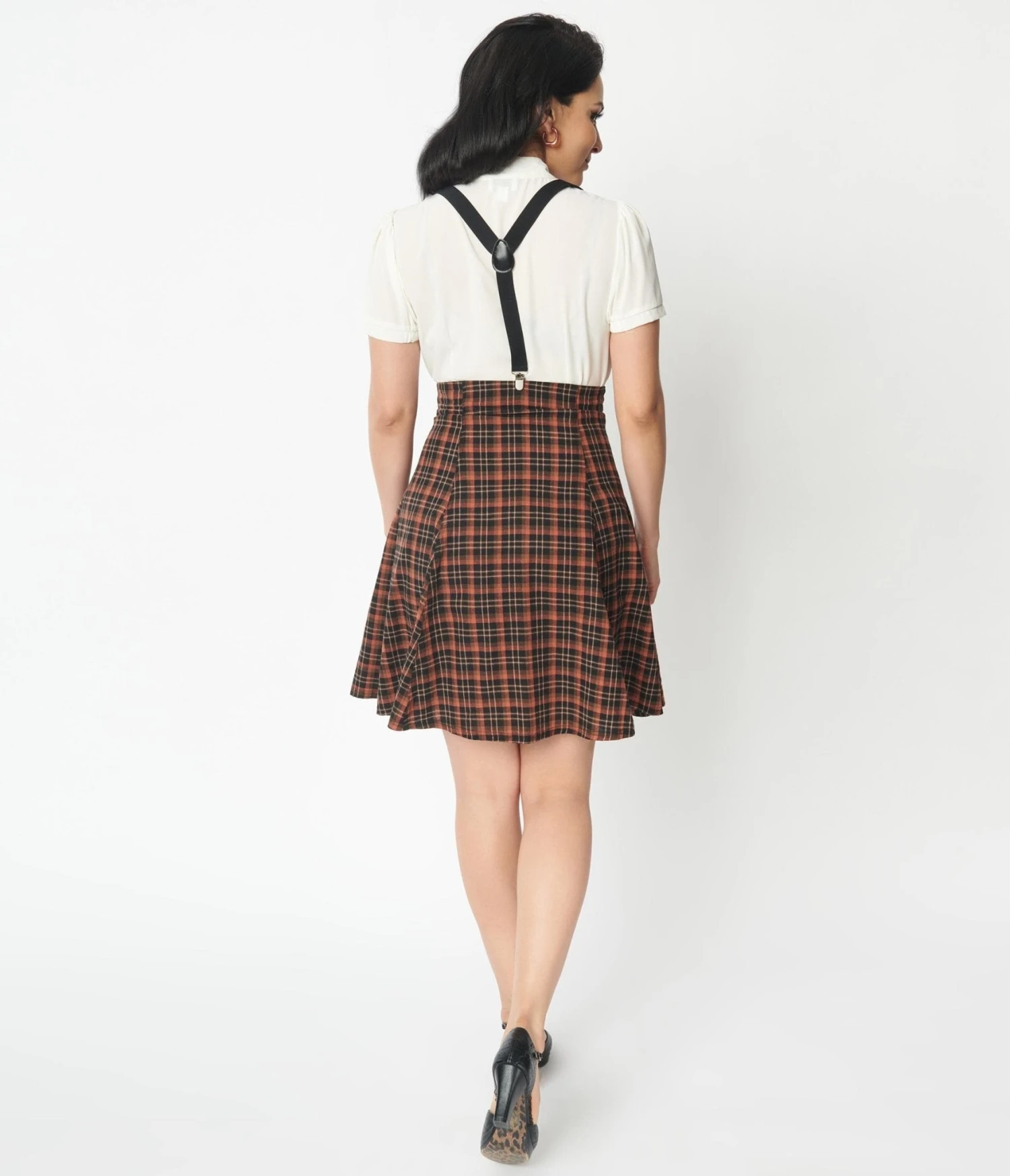 Unique Vintage Brown Plaid Suspender Flare Skirt - Image 2