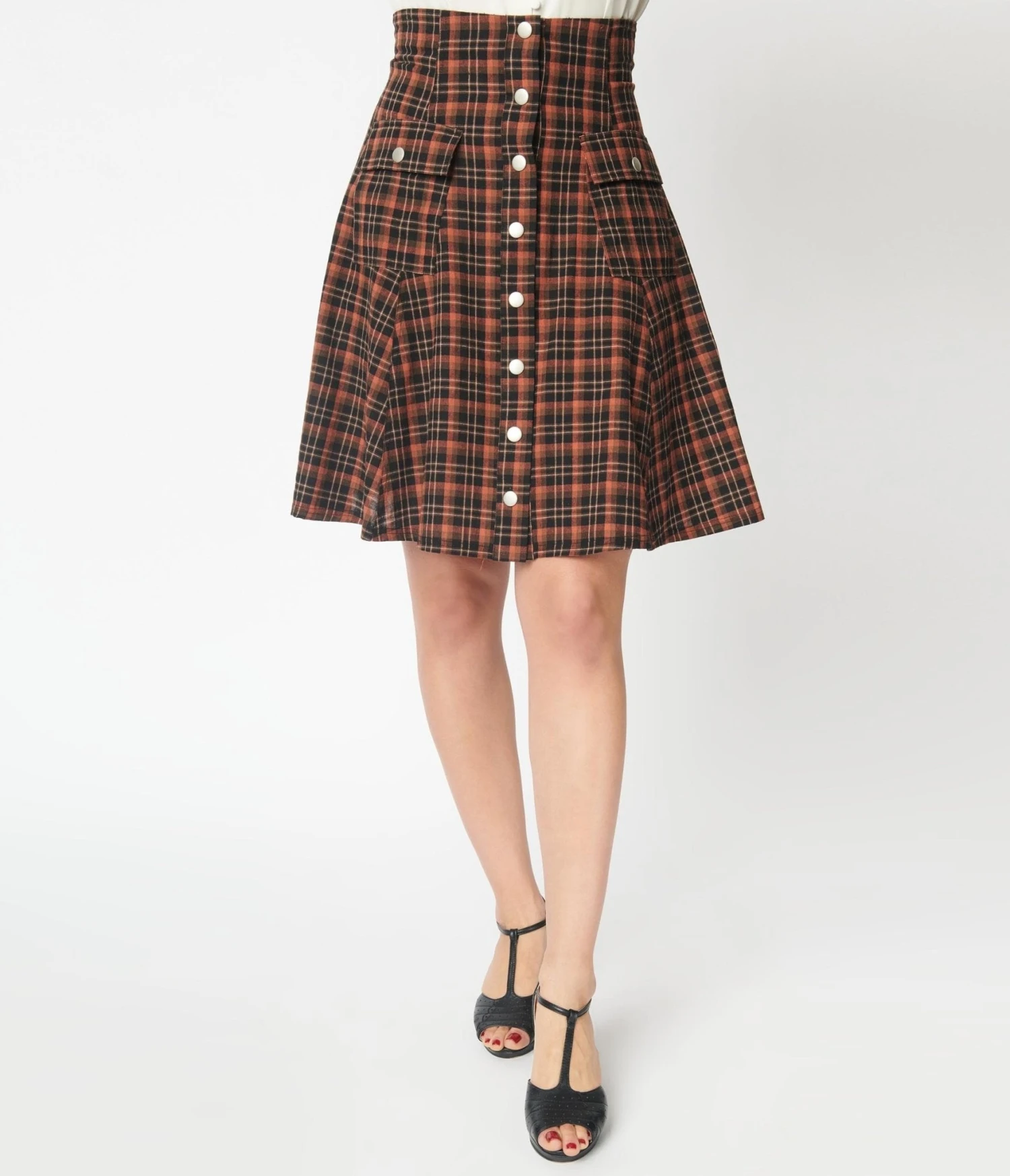 Unique Vintage Brown Plaid Suspender Flare Skirt - Image 3