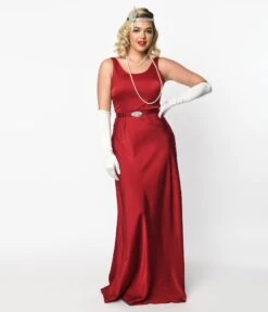 Unique Vintage Burgundy Belted Satin Gown