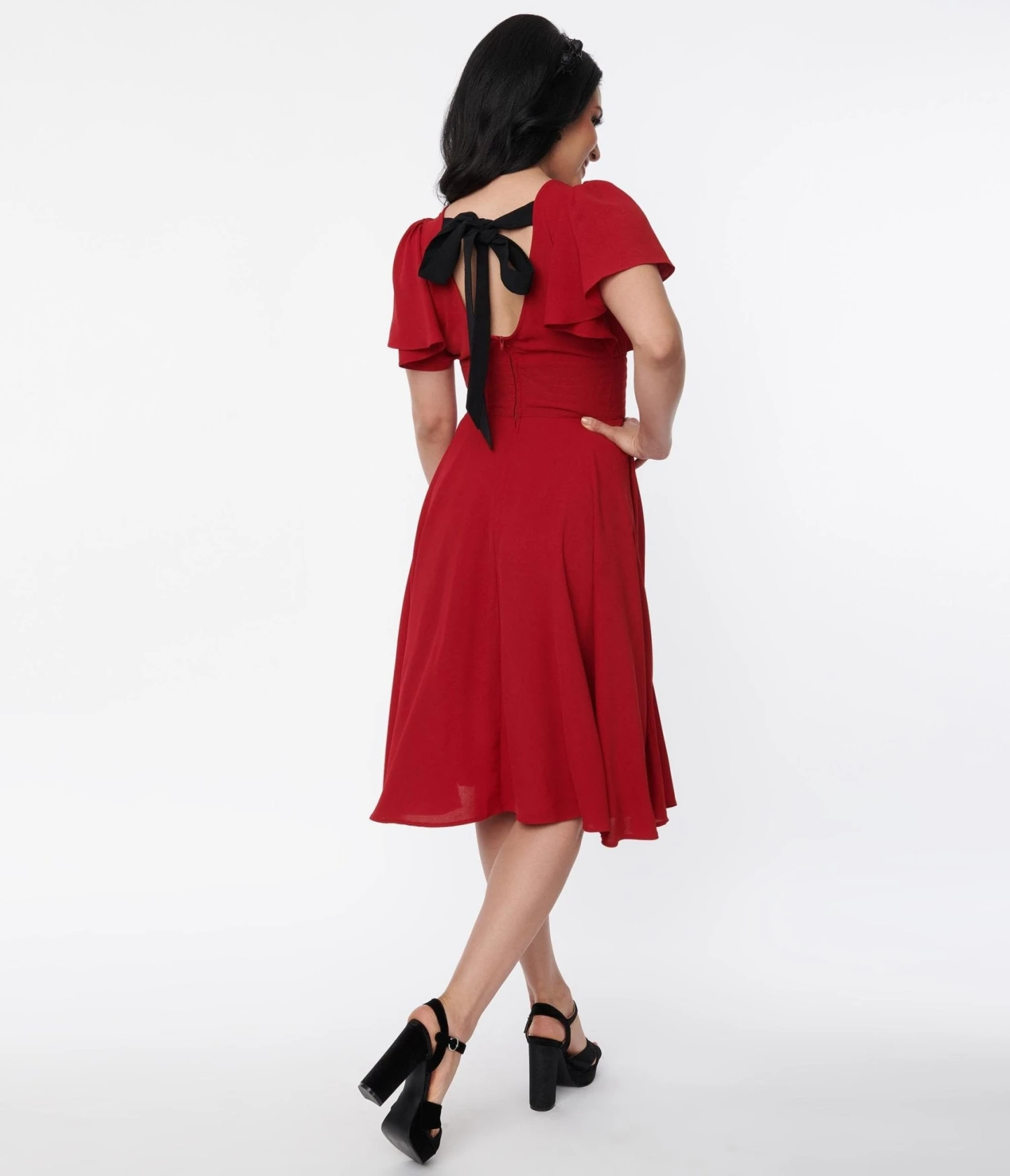 Unique Vintage Burgundy & Black Bat Brooch Swing Dress - Image 3