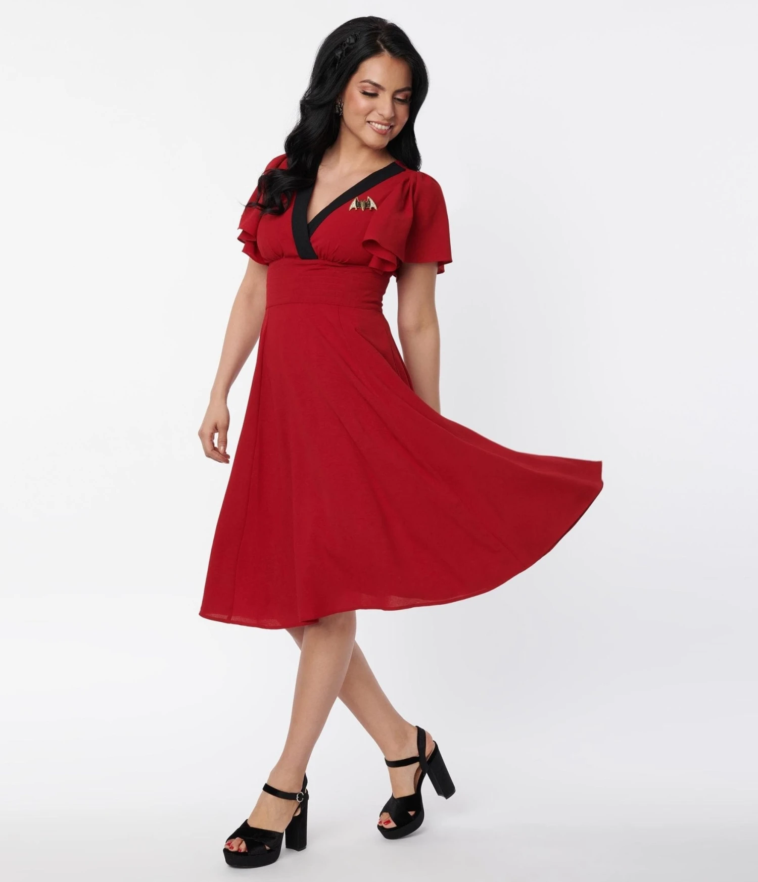 Unique Vintage Burgundy & Black Bat Brooch Swing Dress