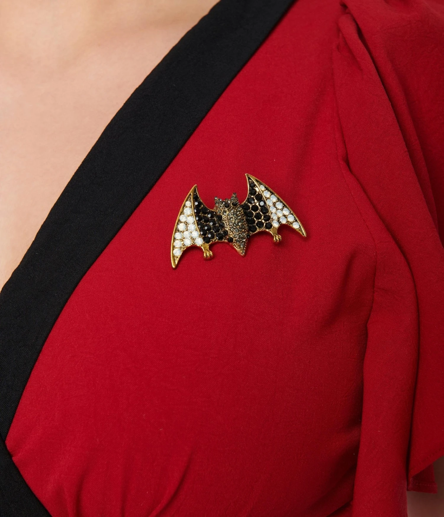 Unique Vintage Burgundy & Black Bat Brooch Swing Dress - Image 2