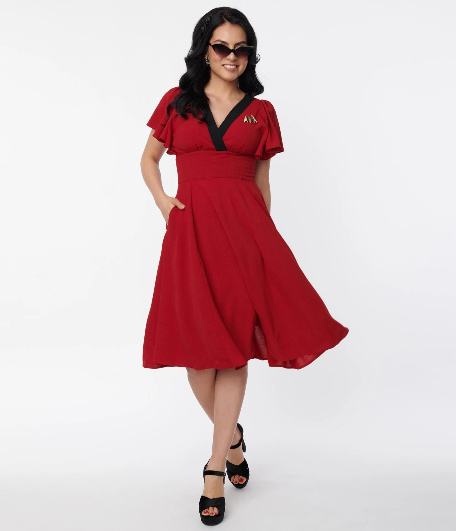 Unique Vintage Burgundy & Black Bat Brooch Swing Dress - Image 4