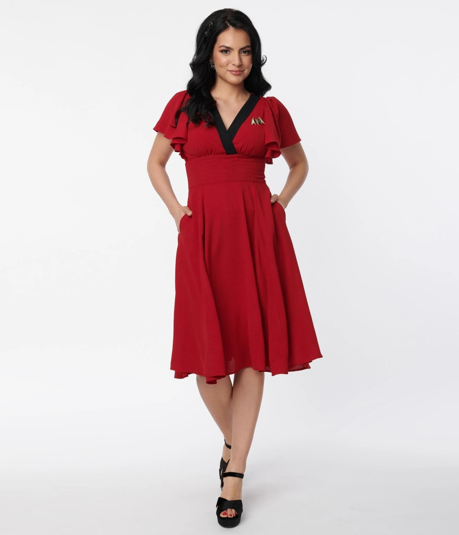 Unique Vintage Burgundy & Black Bat Brooch Swing Dress - Image 5