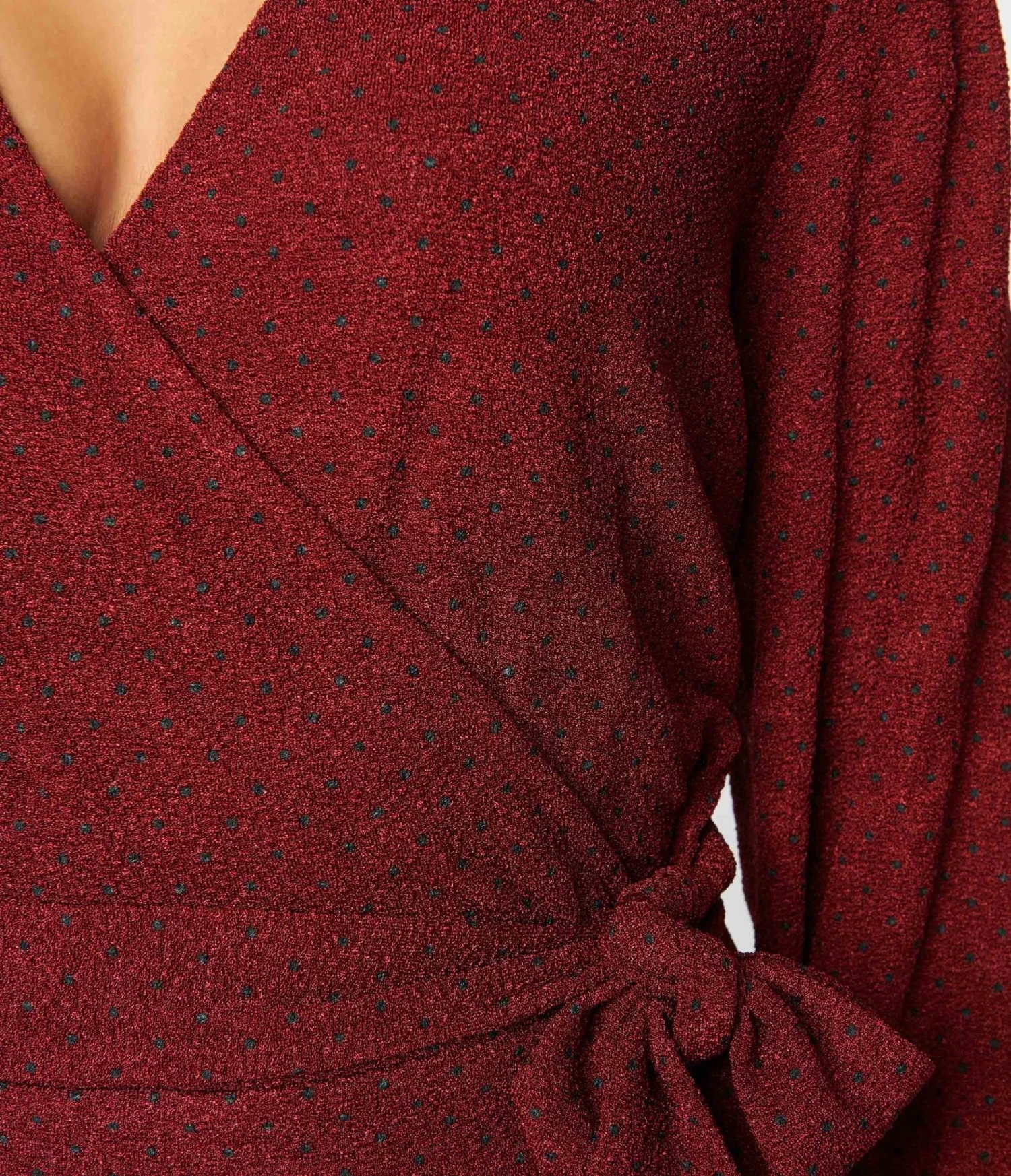 Unique Vintage Burgundy & Black Dot Carmen Faux Wrap Sweater - Image 2