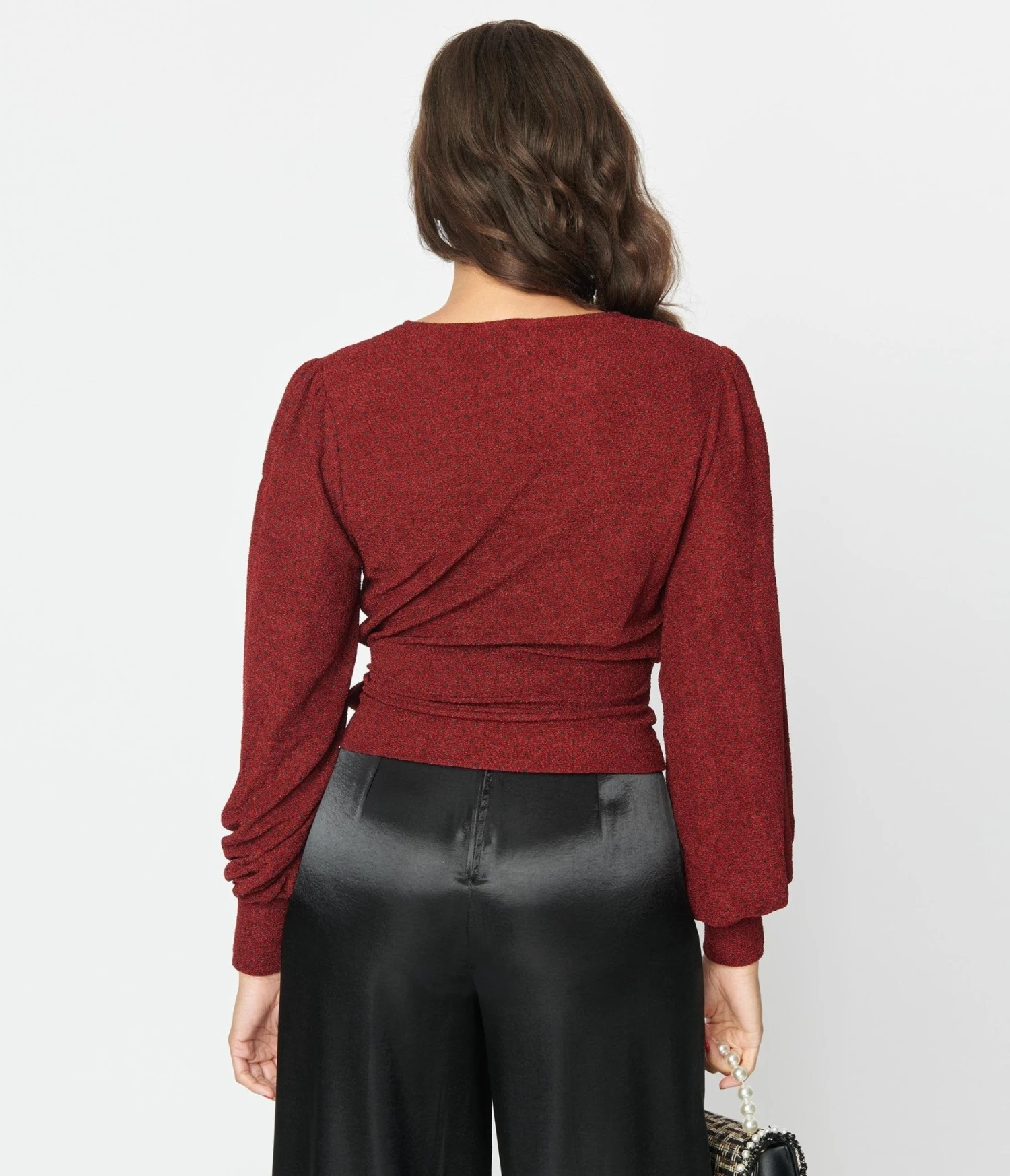 Unique Vintage Burgundy & Black Dot Carmen Faux Wrap Sweater - Image 3