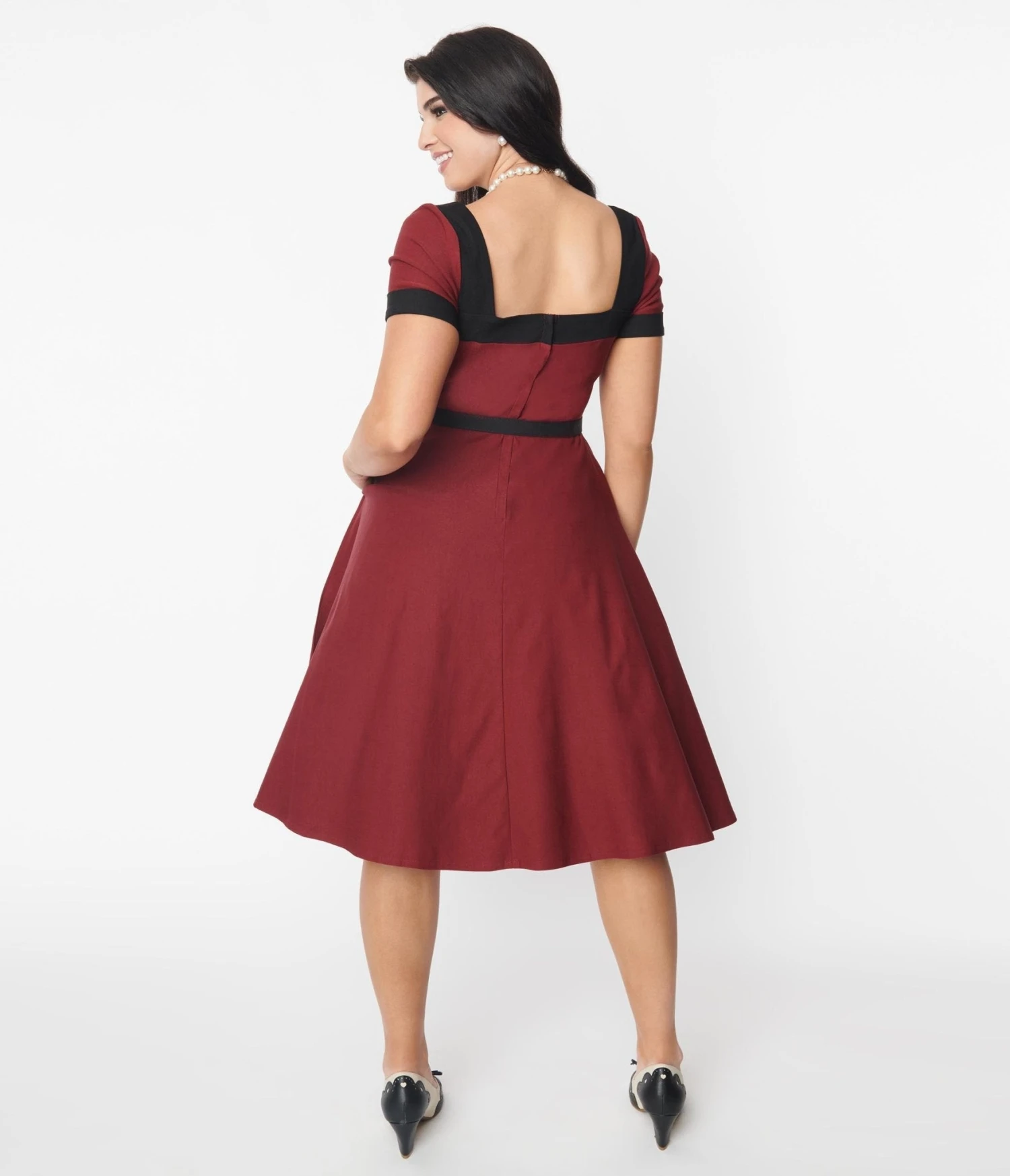 Unique Vintage Burgundy & Black Swing Dress - Image 3