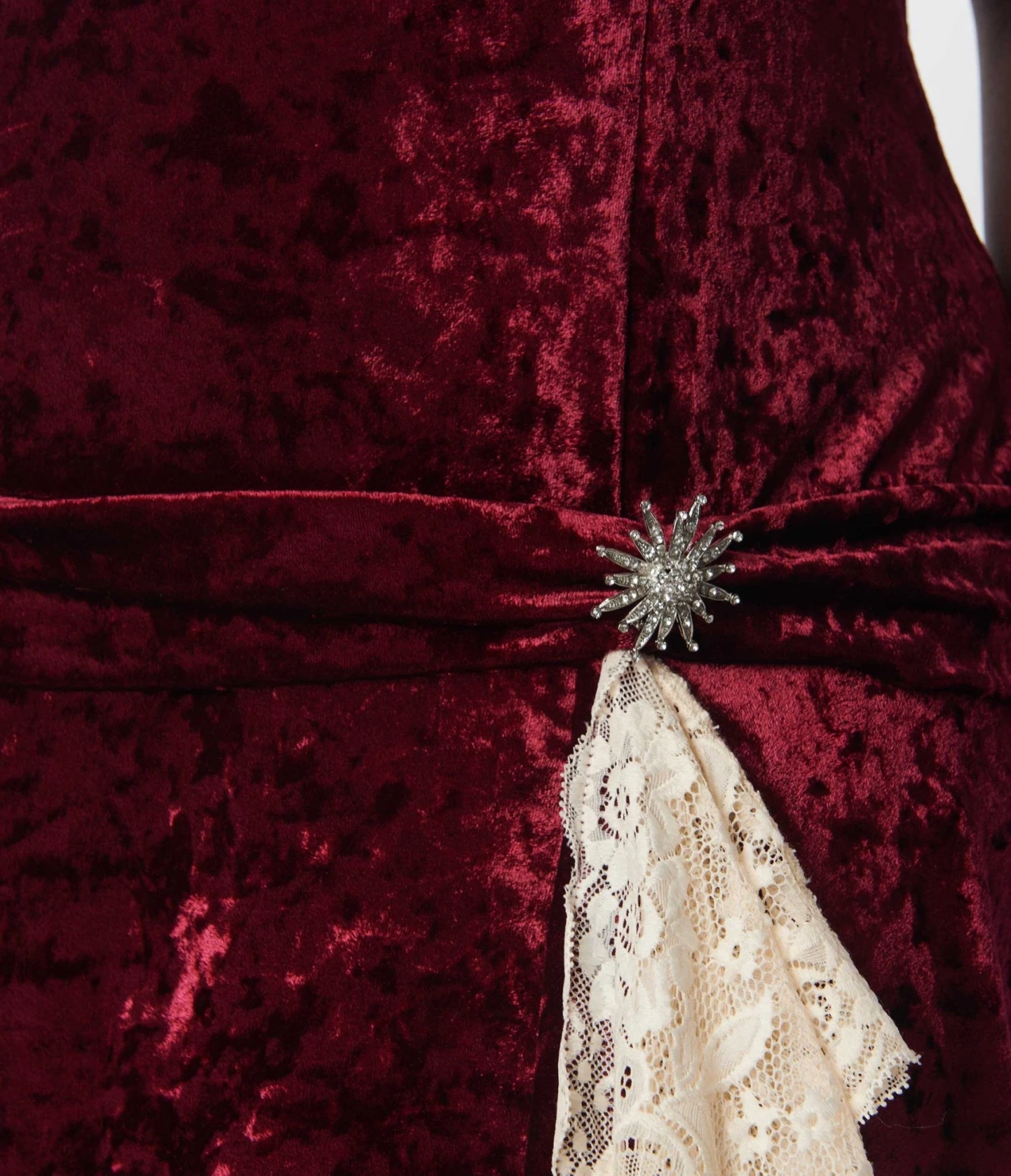 Unique Vintage Burgundy Crushed Velvet & Ivory Lace Flapper Dress - Image 3
