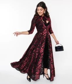 Unique Vintage Burgundy Velvet Burnout Floral Tallullah Duster