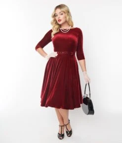 Unique Vintage Burgundy Velvet Devon Swing Dress