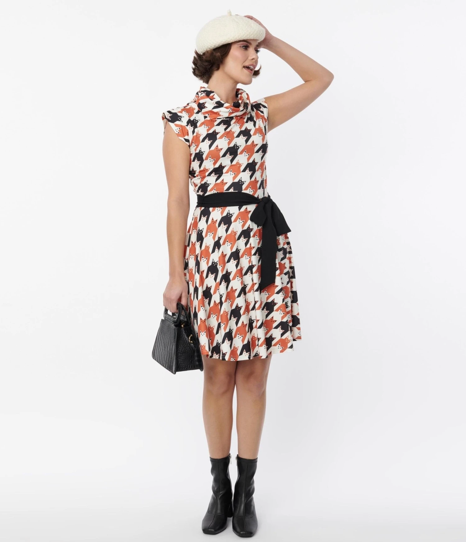 Unique Vintage Cat Houndstooth Fit & Flare Dress