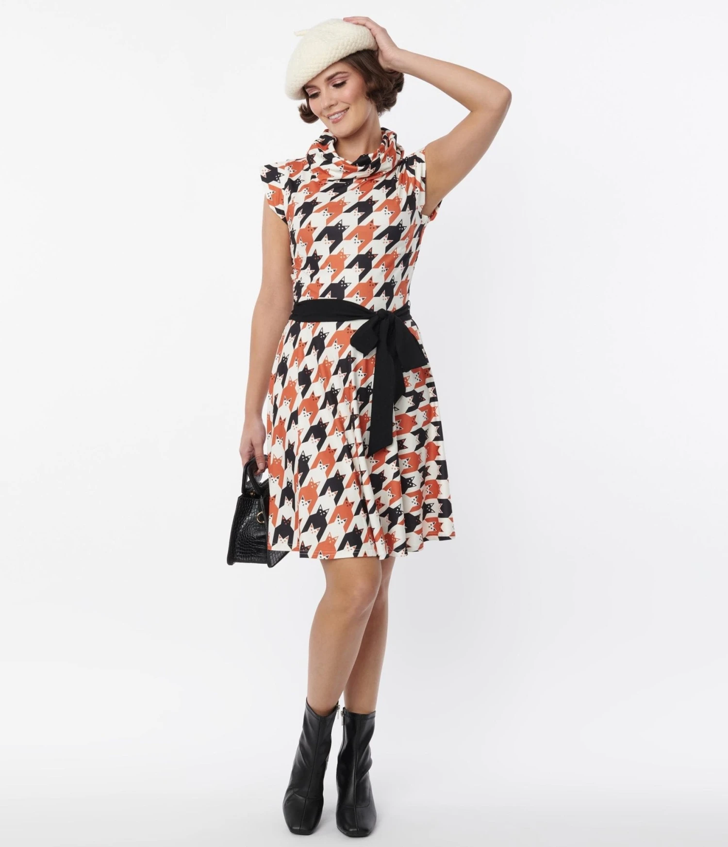 Unique Vintage Cat Houndstooth Fit & Flare Dress - Image 4