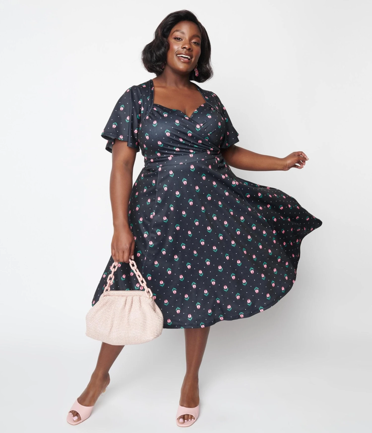 Unique Vintage Curve 1950s Black Tulip Pin Dot Swing Dress - Image 4