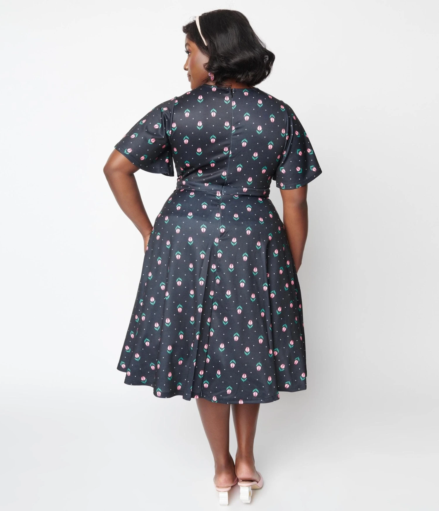 Unique Vintage Curve 1950s Black Tulip Pin Dot Swing Dress - Image 3