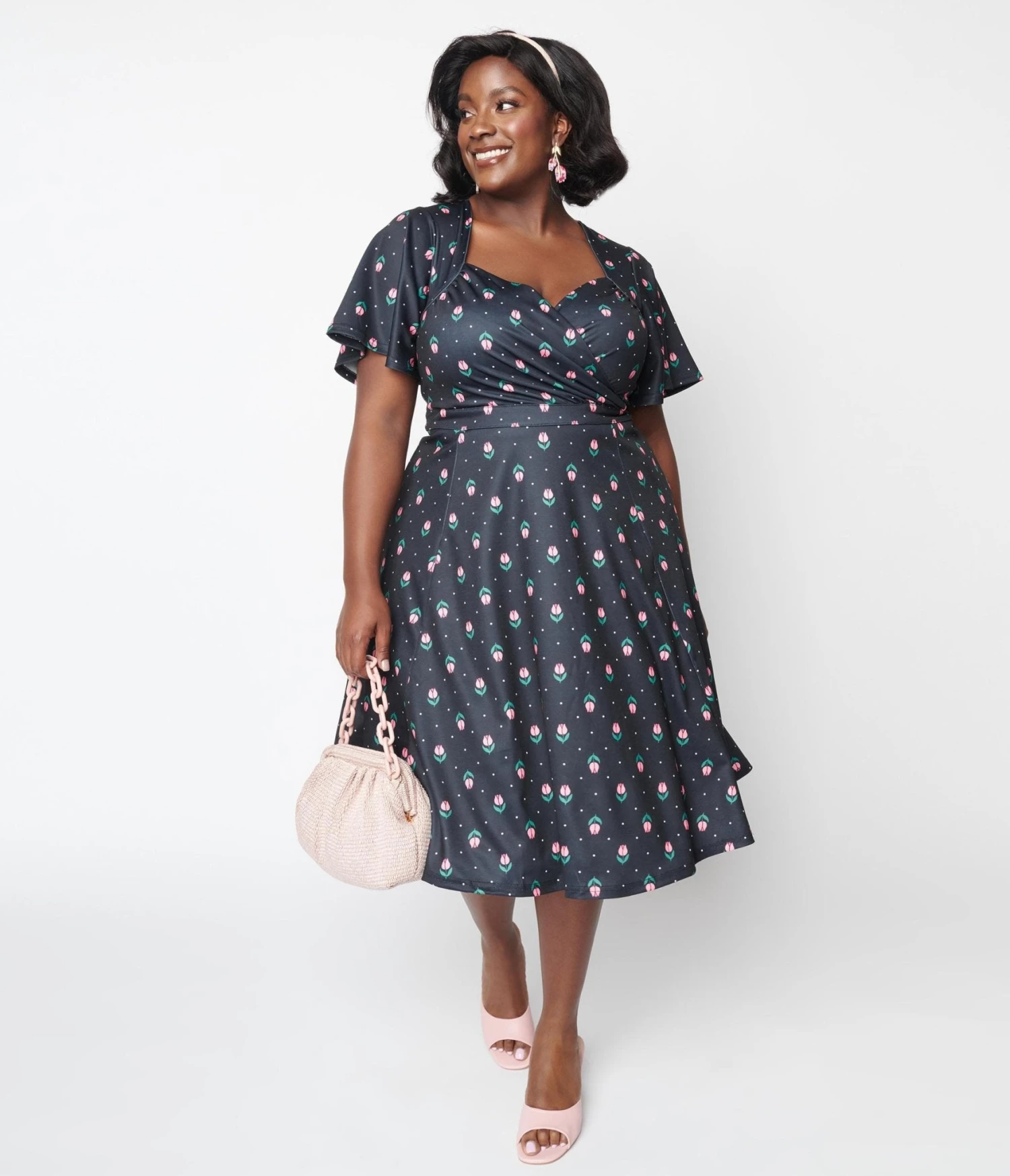 Unique Vintage Curve 1950s Black Tulip Pin Dot Swing Dress - Image 5