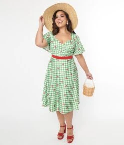Unique Vintage Curve 1950s Green Ladybug Gingham Swing Dress