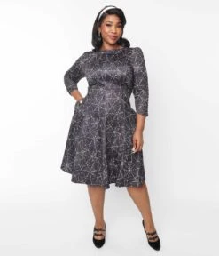 Unique Vintage Curve Black Spiderweb Swing Dress