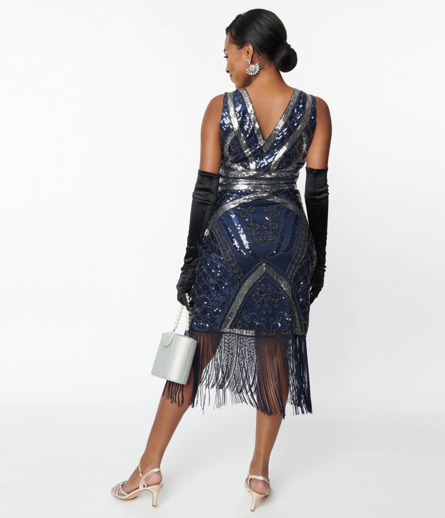 Unique Vintage Dark Blue & Silver Deco Sequin Flapper Dress - Image 3