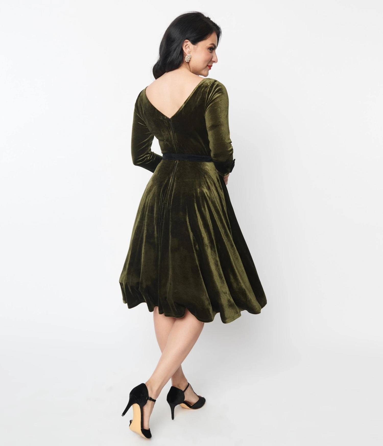 Unique Vintage Deep Olive Green Velvet Faux Bow Devon Swing Dress - Image 3