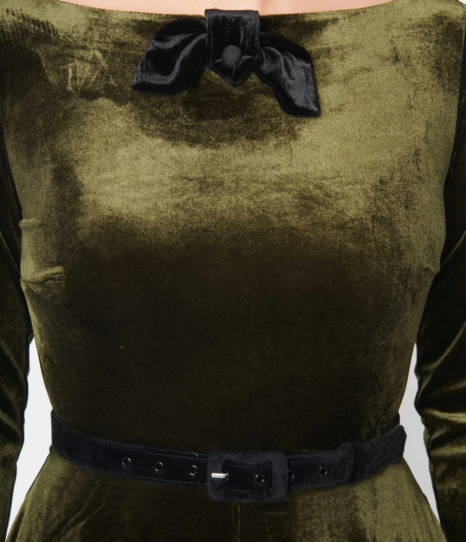 Unique Vintage Deep Olive Green Velvet Faux Bow Devon Swing Dress - Image 2