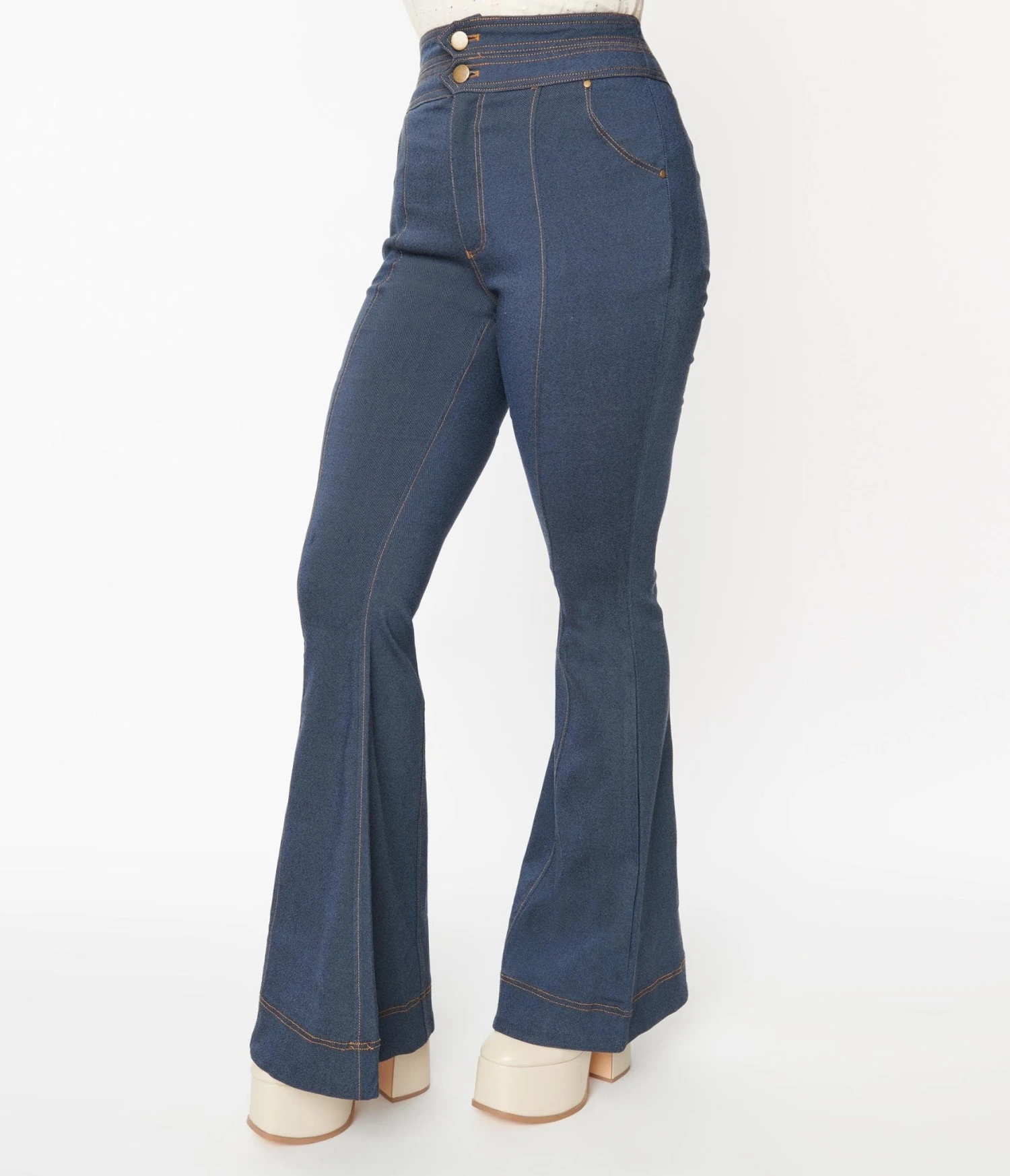 Unique Vintage Denim High Waisted Bell Bottom Jeans - Image 2