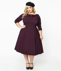 Unique Vintage Eggplant Faux Bow Devon Swing Dress
