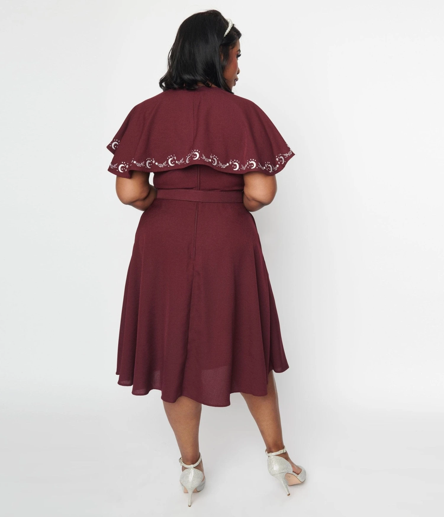 Unique Vintage Eggplant & Moon Embroidered Capelet Swing Dress - Image 3