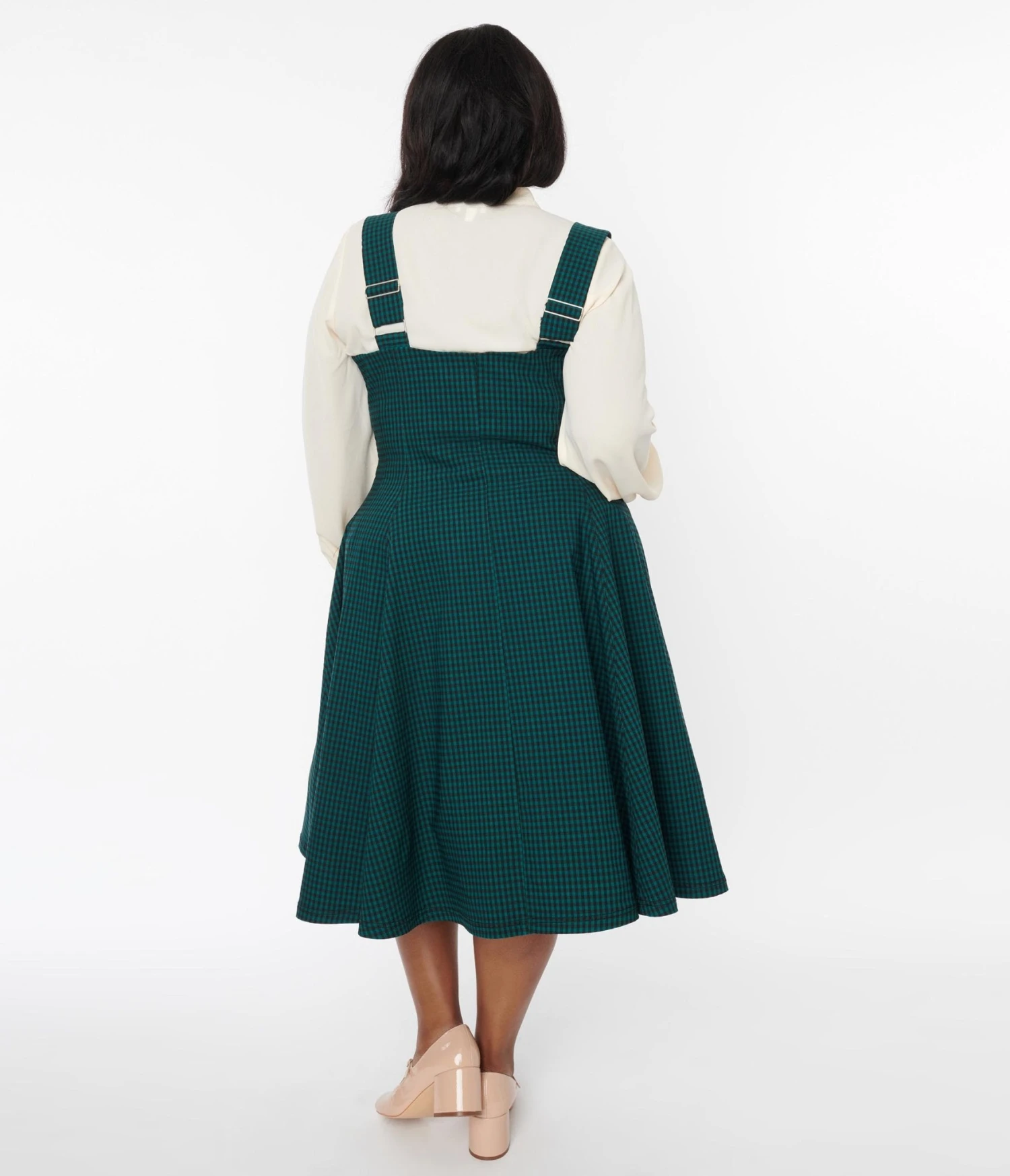 Unique Vintage Emerald & Black Gingham Button Suspender Swing Skirt - Image 3