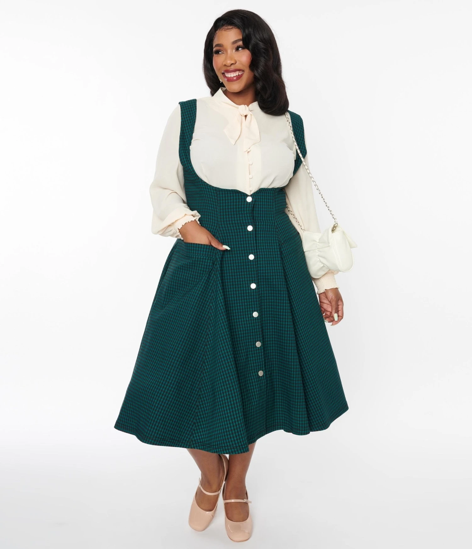 Unique Vintage Emerald & Black Gingham Button Suspender Swing Skirt - Image 4