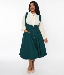 Unique Vintage Emerald & Black Gingham Button Suspender Swing Skirt