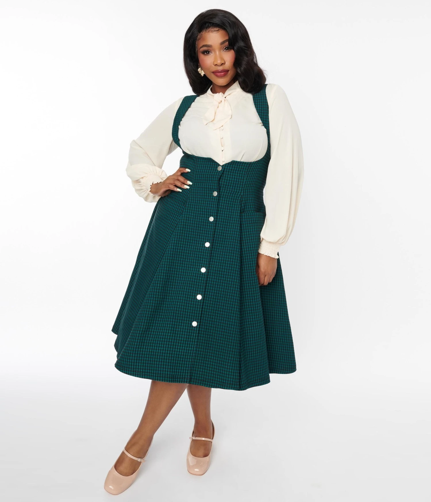 Unique Vintage Emerald & Black Gingham Button Suspender Swing Skirt - Image 5