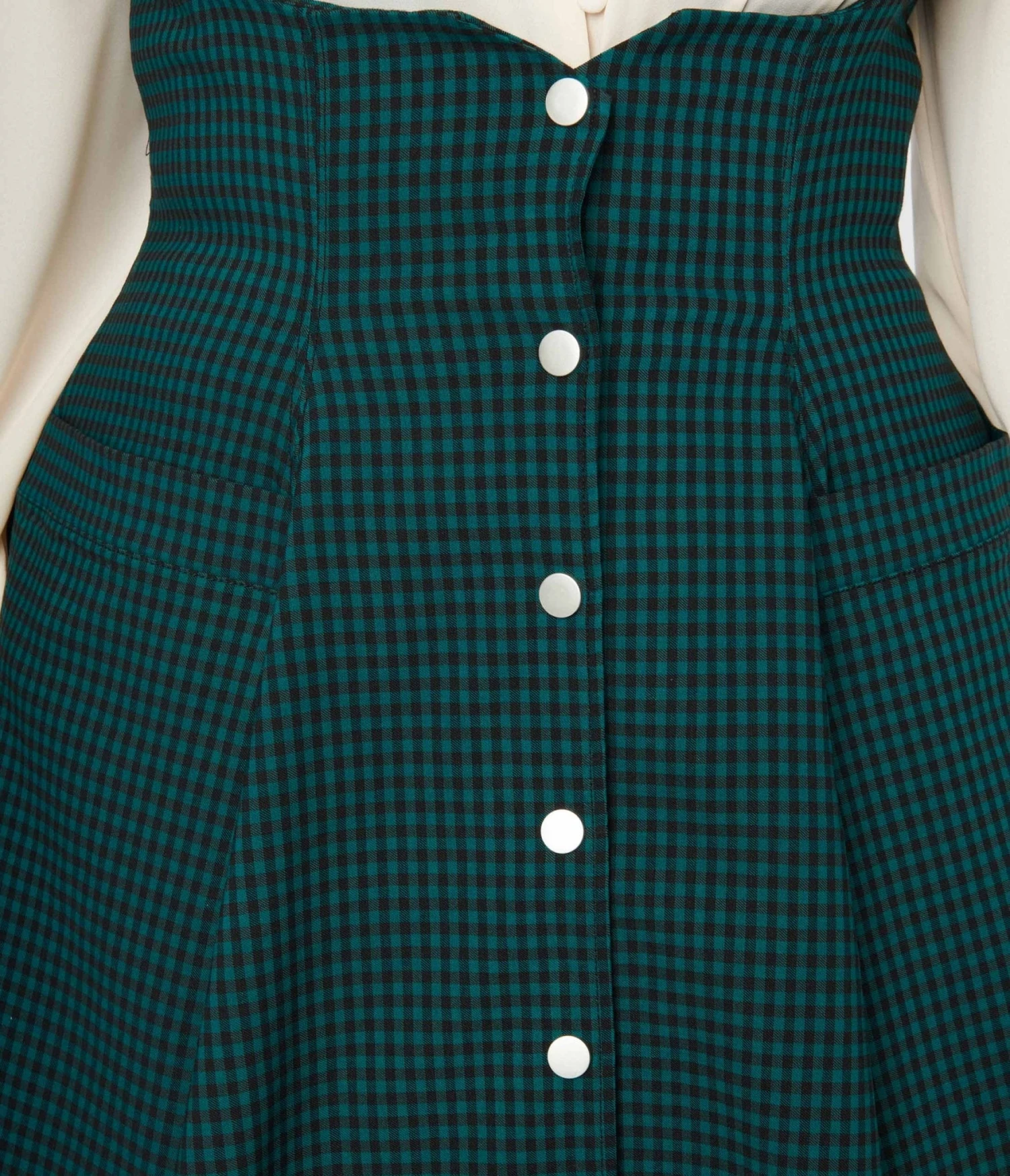 Unique Vintage Emerald & Black Gingham Button Suspender Swing Skirt - Image 2