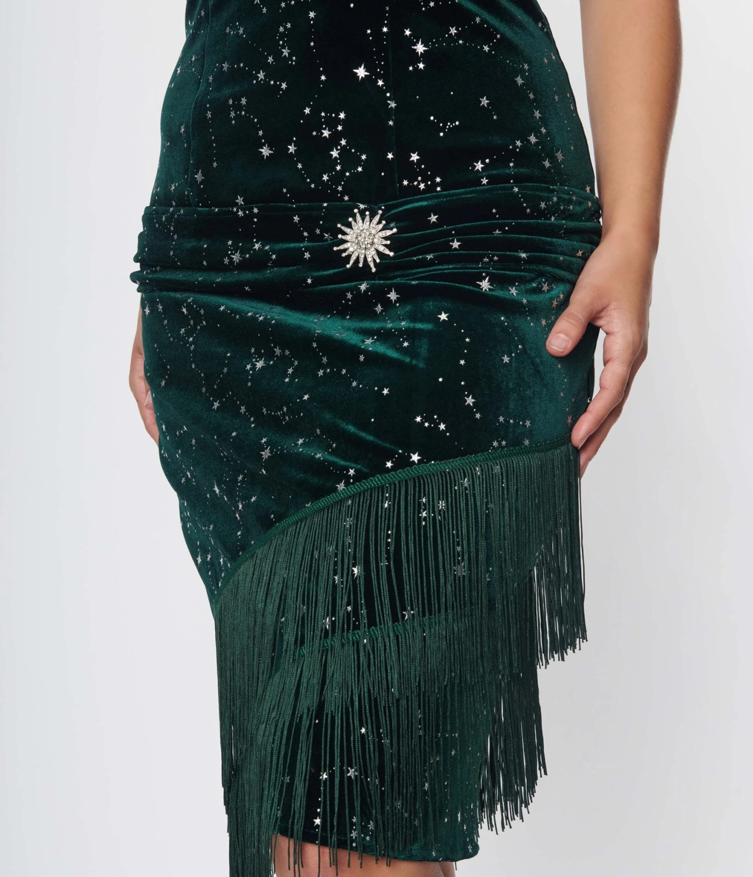 Unique Vintage Emerald Green Velvet Fringe Flapper Dress - Image 2