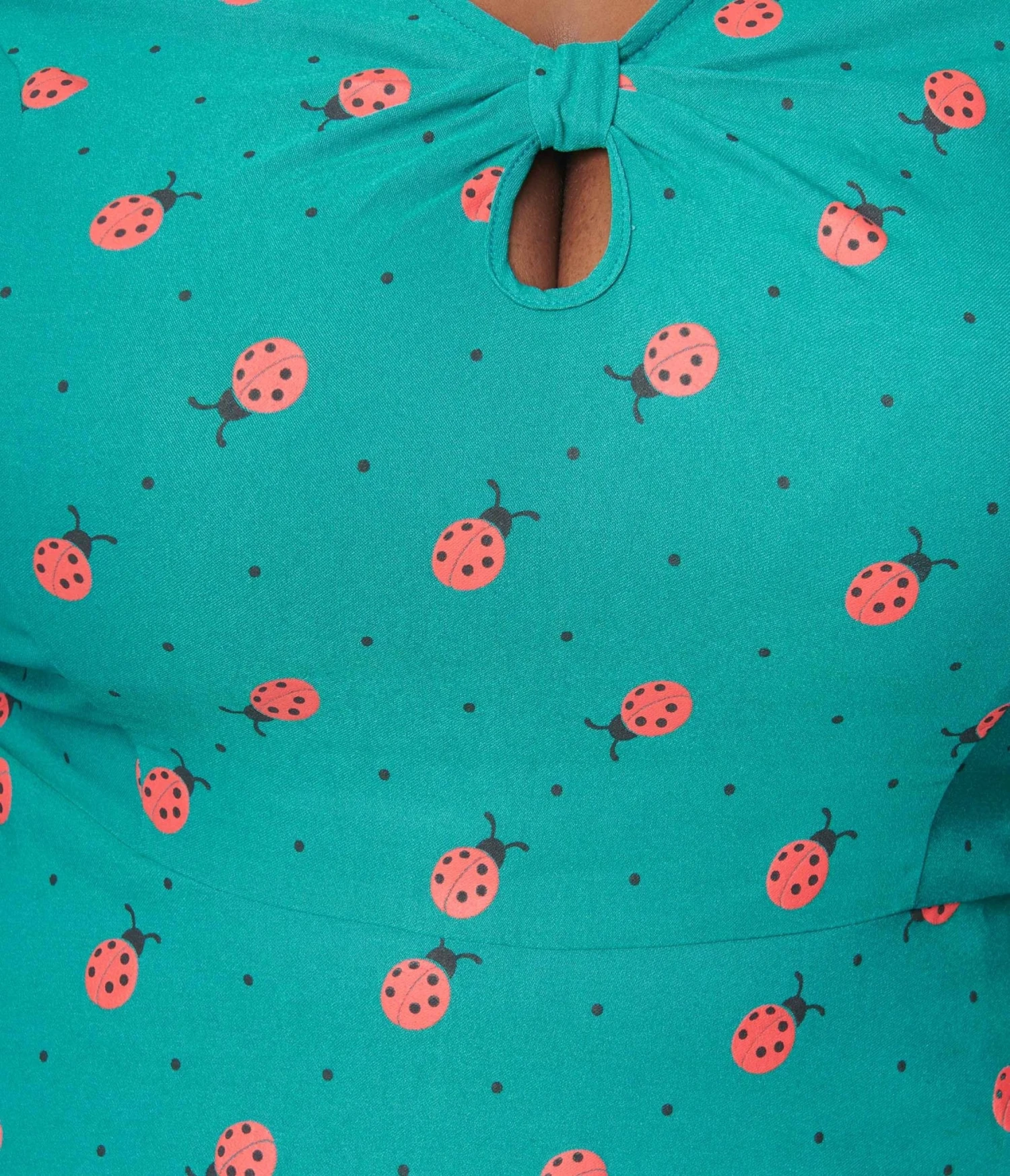 Unique Vintage Green Ladybug & Pin Dot Keyhole Neck Swing Dress - Image 2
