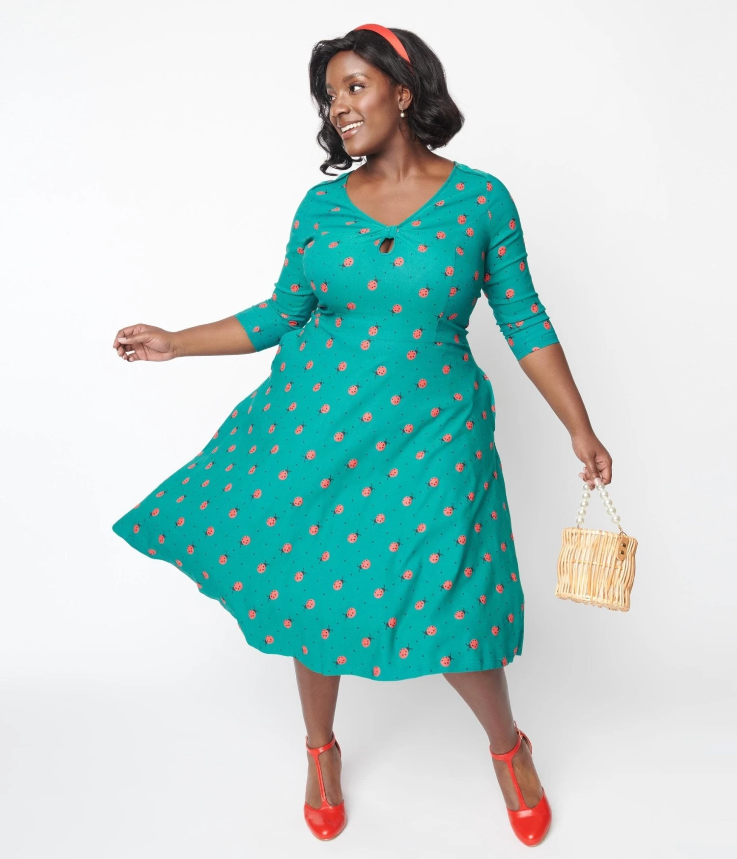 Unique Vintage Green Ladybug & Pin Dot Keyhole Neck Swing Dress - Image 4