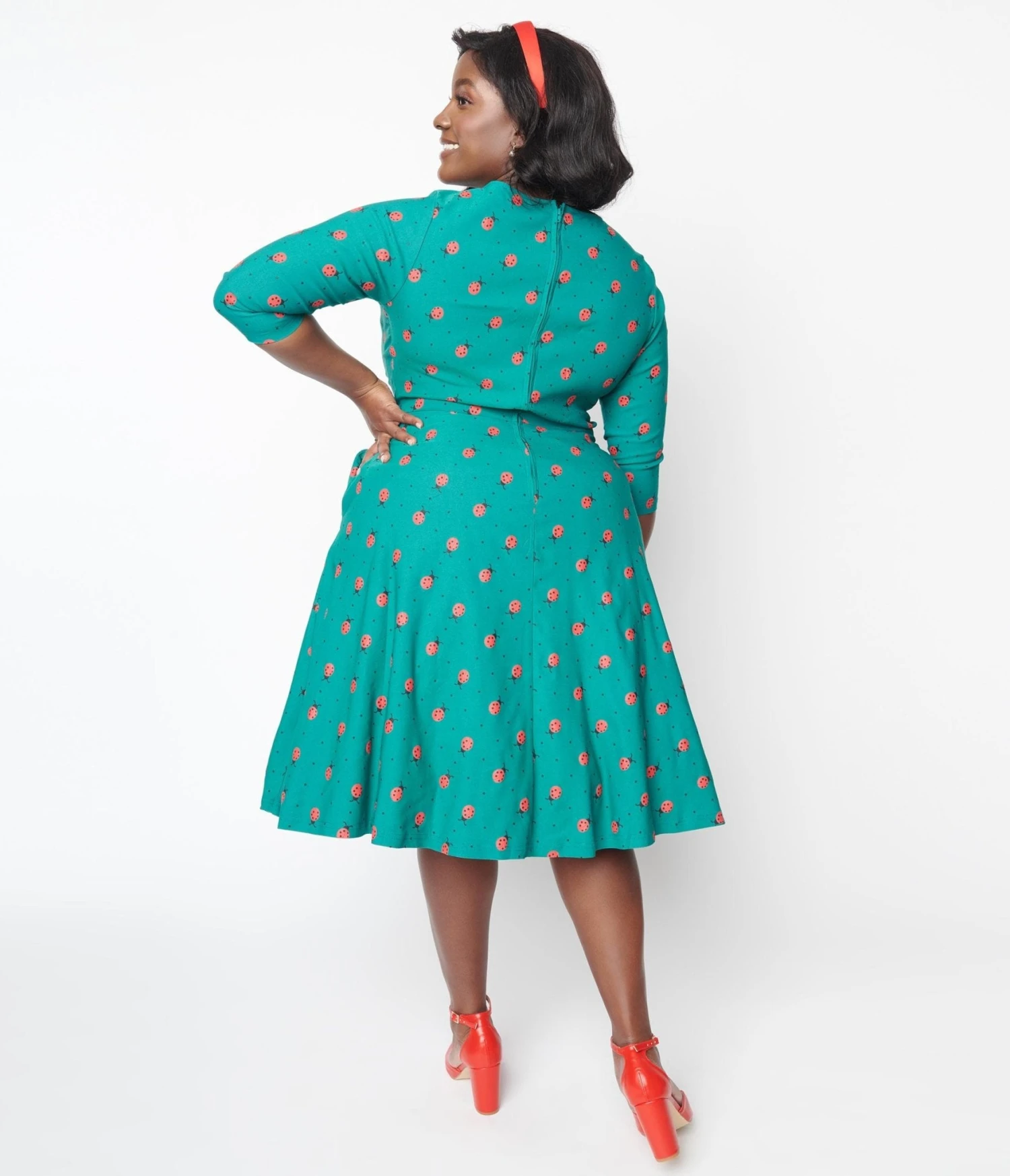 Unique Vintage Green Ladybug & Pin Dot Keyhole Neck Swing Dress - Image 3