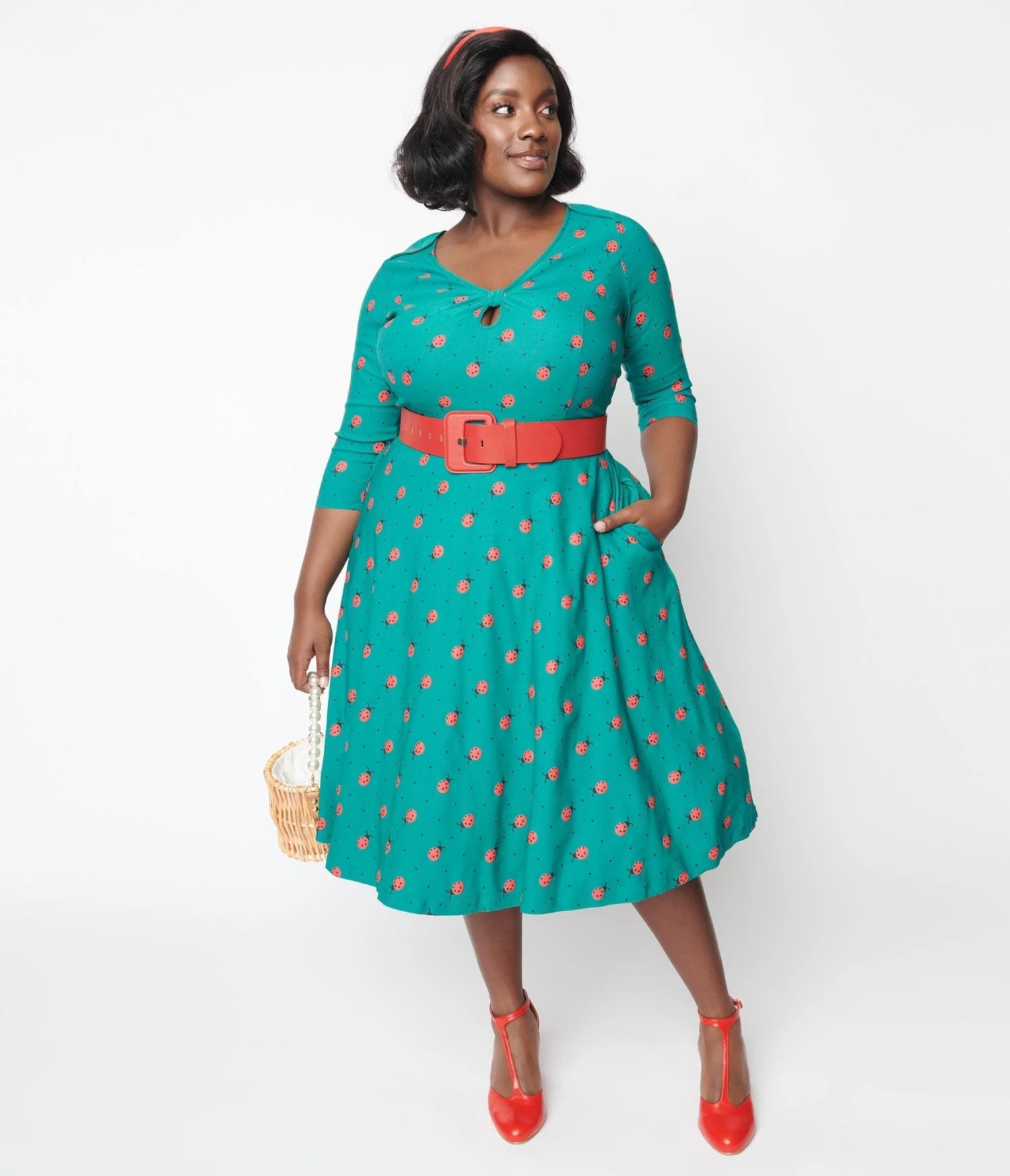 Unique Vintage Green Ladybug & Pin Dot Keyhole Neck Swing Dress - Image 5