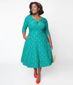 Unique Vintage Green Ladybug & Pin Dot Keyhole Neck Swing Dress