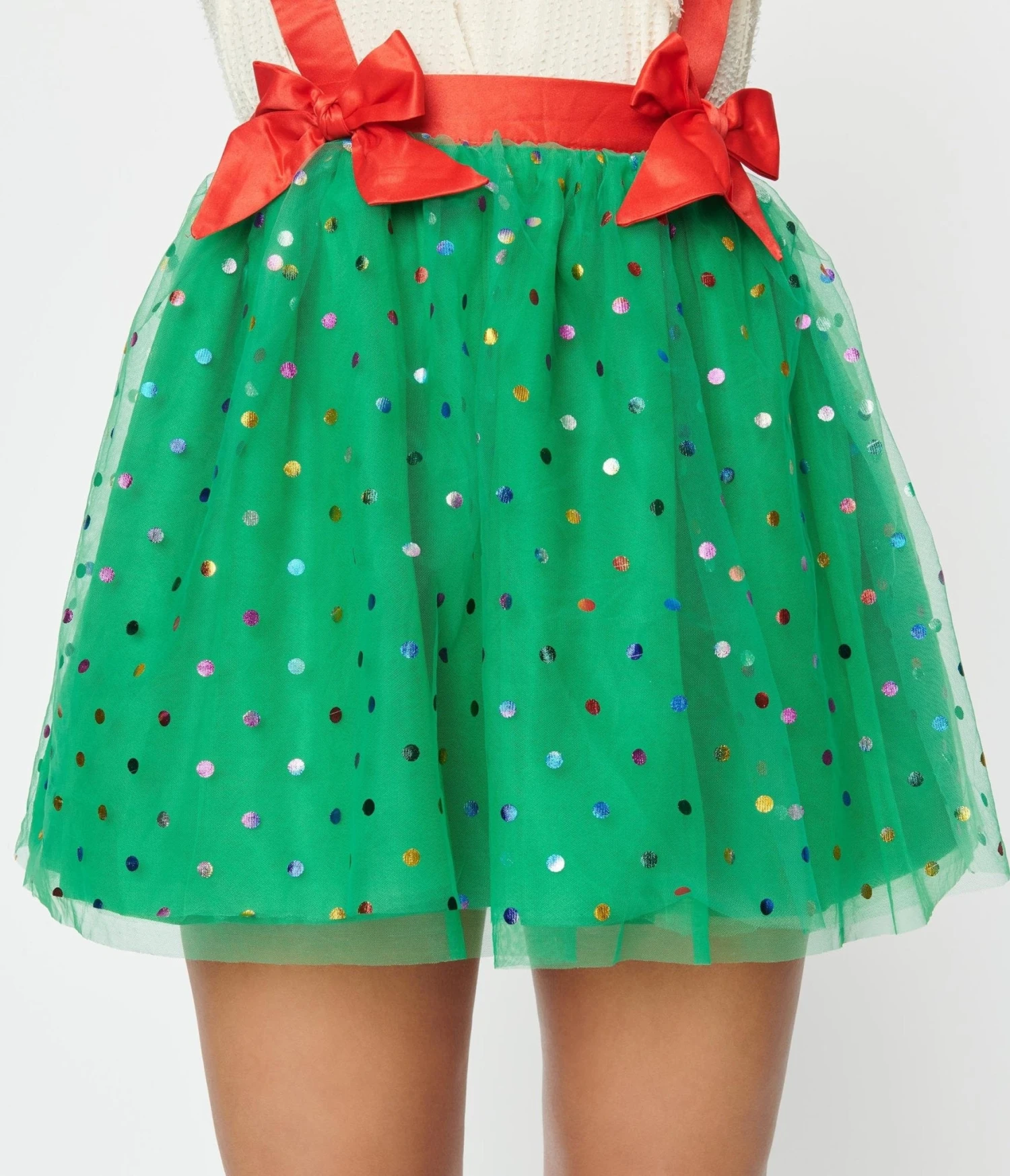Unique Vintage Green & Multi Polka Dot Tulle Suspender Mini Skirt - Image 3