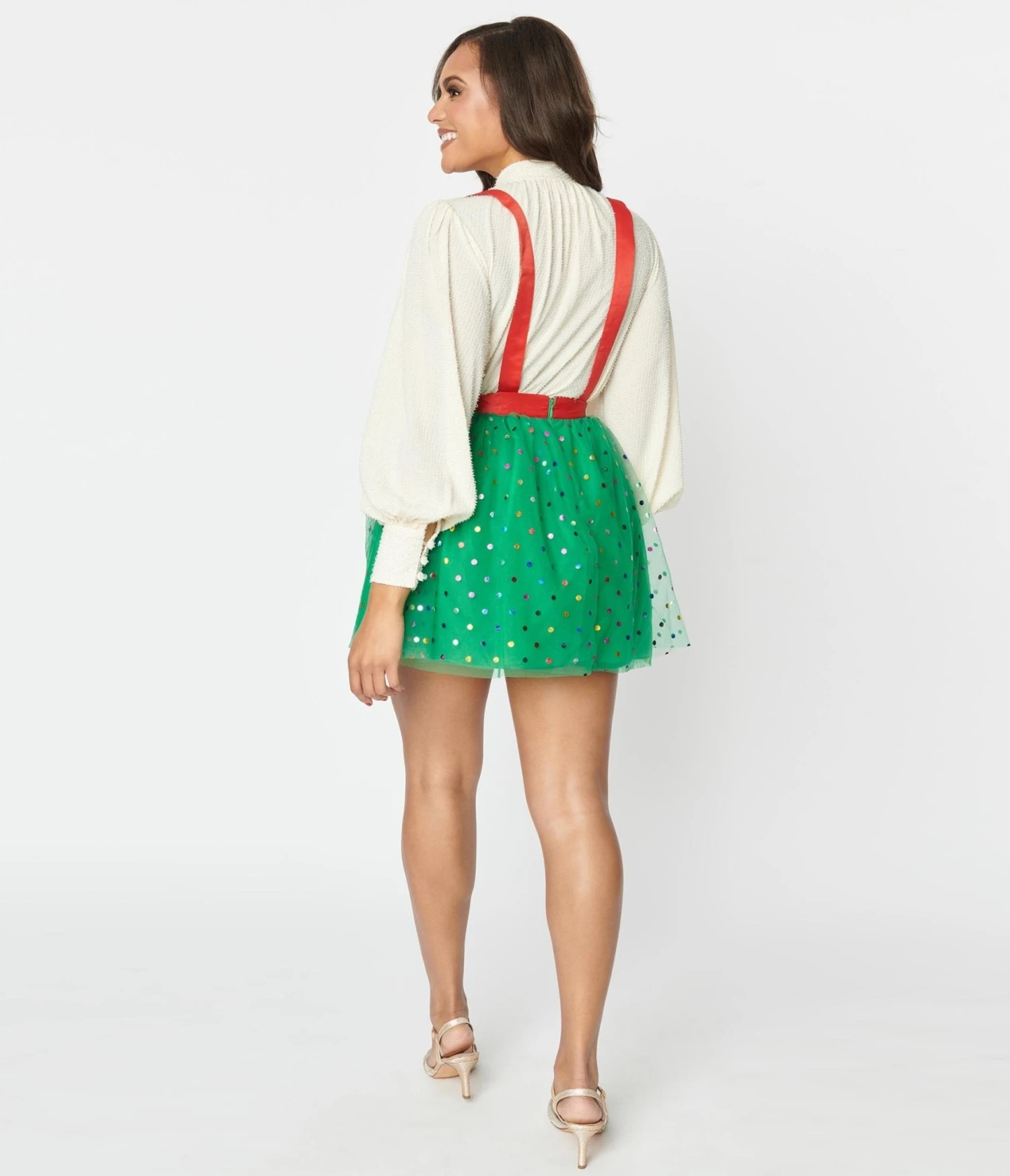 Unique Vintage Green & Multi Polka Dot Tulle Suspender Mini Skirt - Image 2