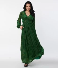 Unique Vintage Green Spider Web Maxi Dress
