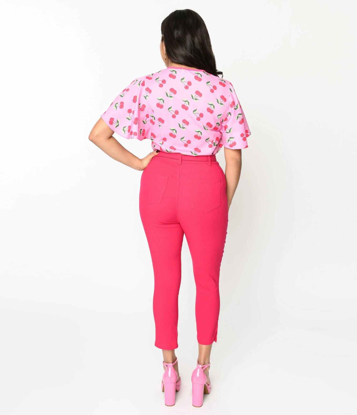 Unique Vintage Hot Pink Belted High Waist Rachelle Capri Pants - Image 3