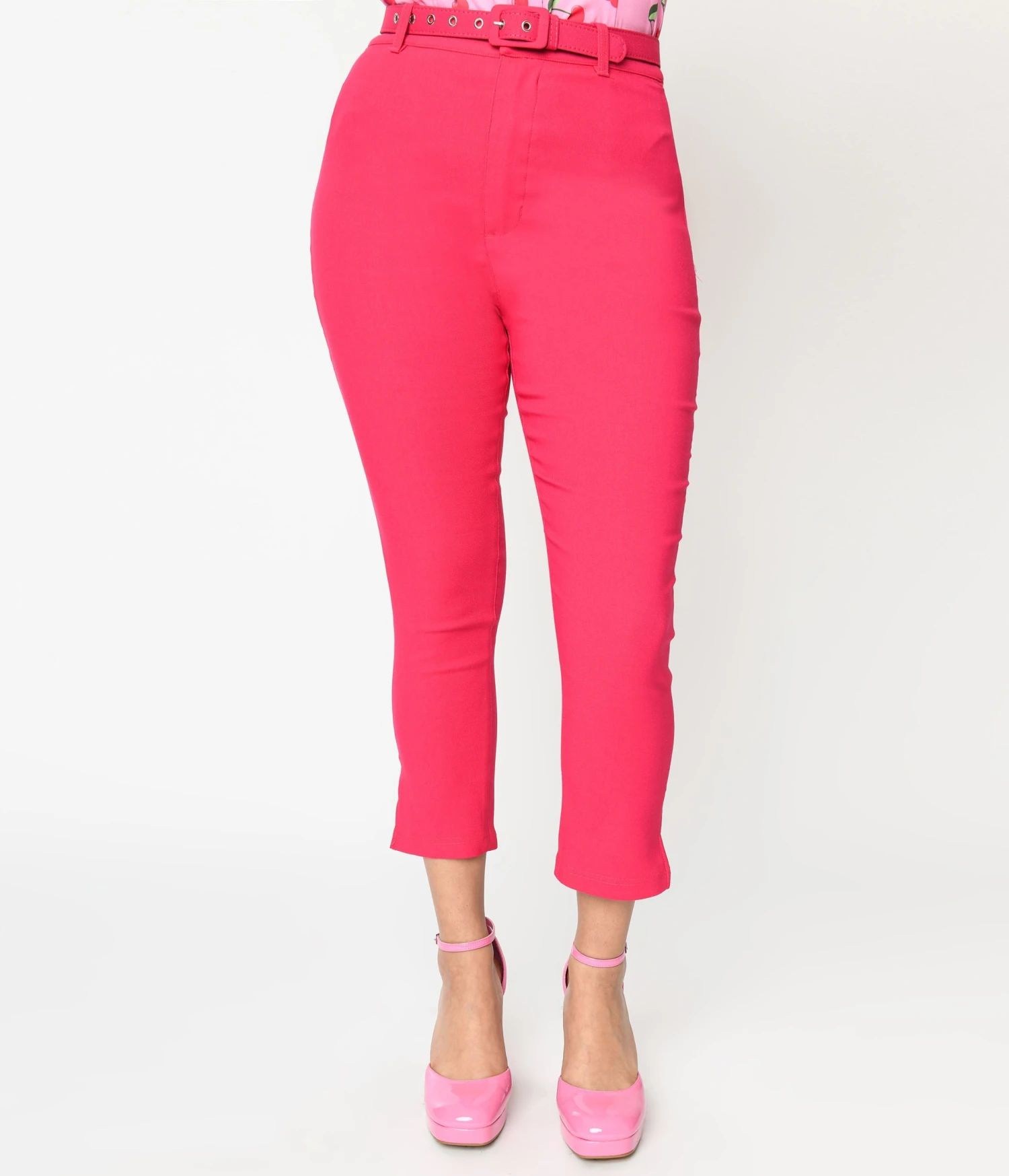 Unique Vintage Hot Pink Belted High Waist Rachelle Capri Pants - Image 2