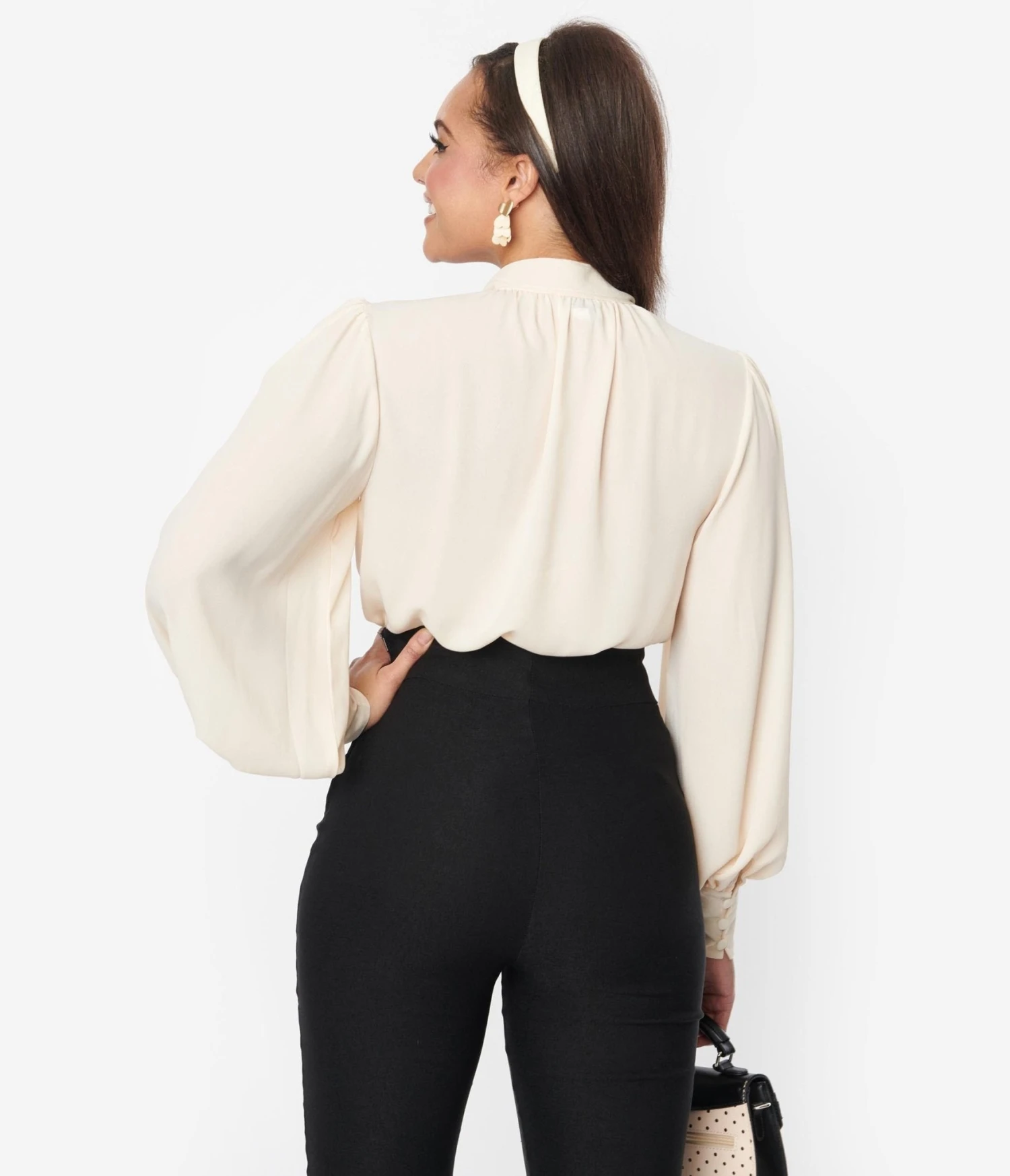 Unique Vintage Ivory Blouson Sleeve Bow Neck Top - Image 3