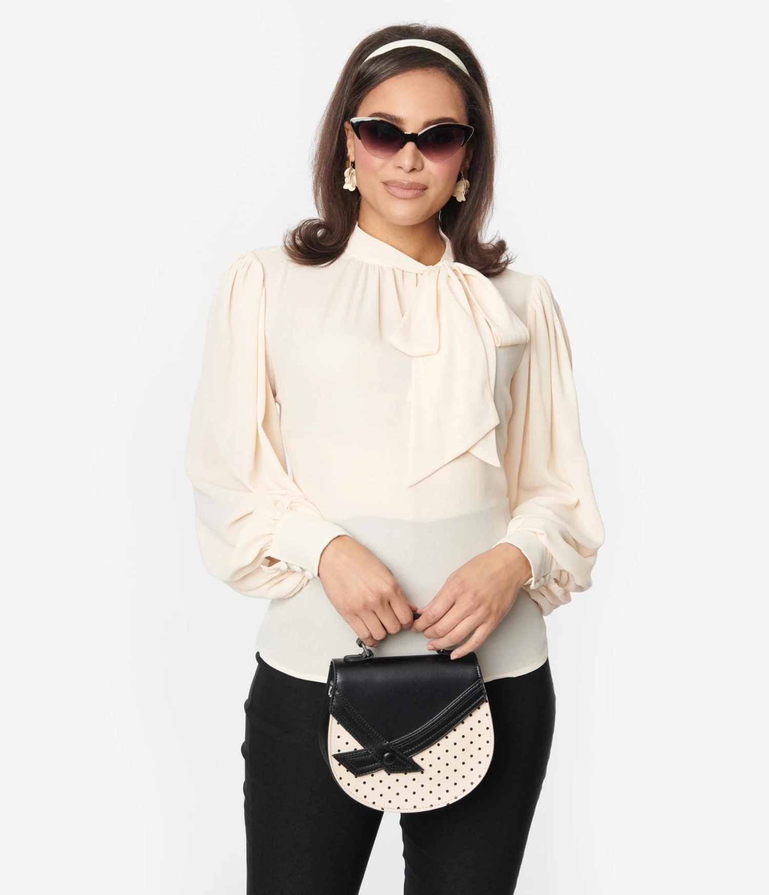 Unique Vintage Ivory Blouson Sleeve Bow Neck Top - Image 5